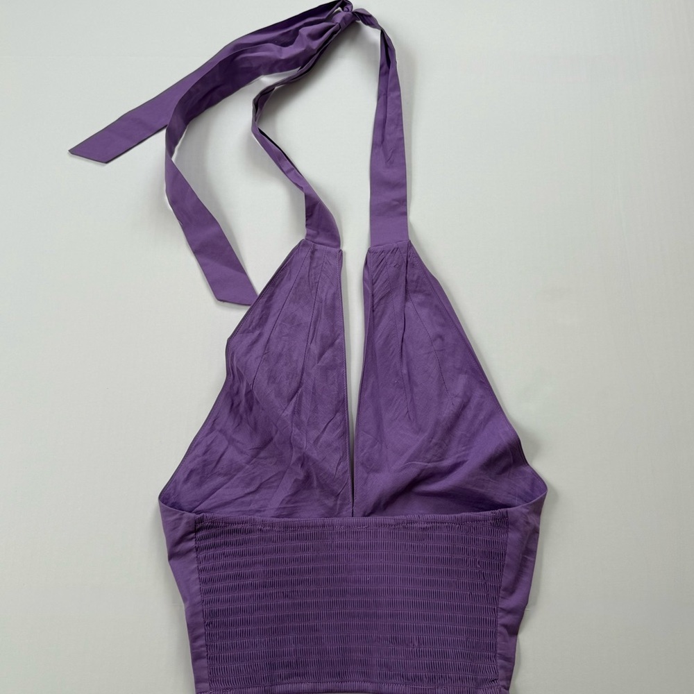 STAUD Purple Halter Tie Back Crop Top XS Smocked Back Open Back Festival - Picture 2 of 4